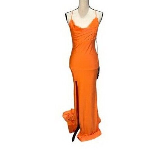 JVN By Jovani Orange High Slit Cowl Neckline Strappy Back Dress - Picture 4 of 4